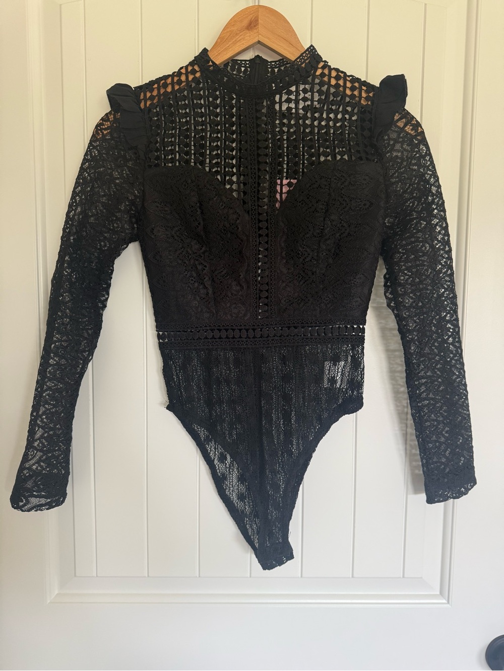 NWT Hello Molly Black Lace Long Sleeve Bodysuit Not That Easy Ruffle Mock Neck 2 - Picture 2 of 9